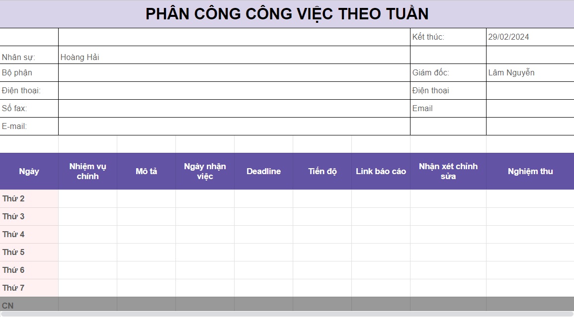 quản lý công việc hằng ngày bằng excel